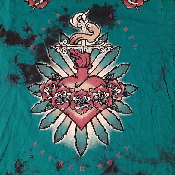 Affliction Black Label medium Size T shirt green black tye dye roses heart tee - Picture 2 of 5
